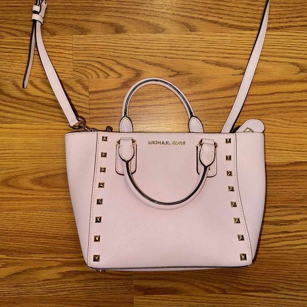 Michael Kors Studded Selma Saffiano Leather Pink Satchel Handbag